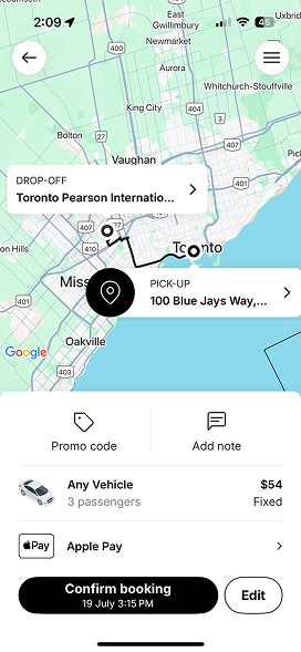 App screenshot showing the main booking screen