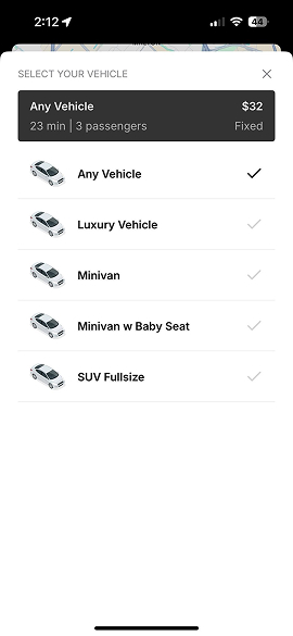 App Screenshot 2: Choosing ride type